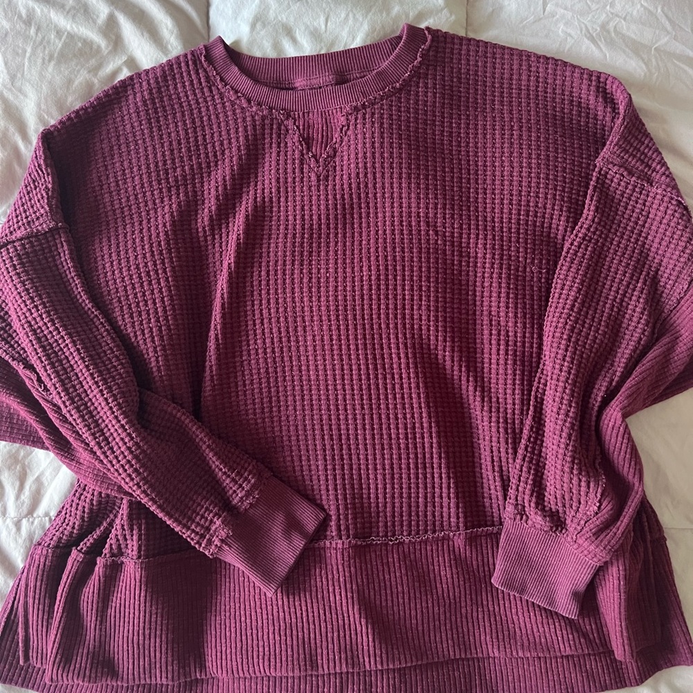 Aerie oversized Cozy Waffle-Knit Pullover maroon size Small (fits L/XL)